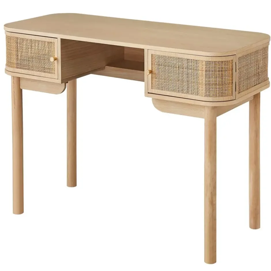Bureau met 2 deuren van hout en rietvlechtwerk
