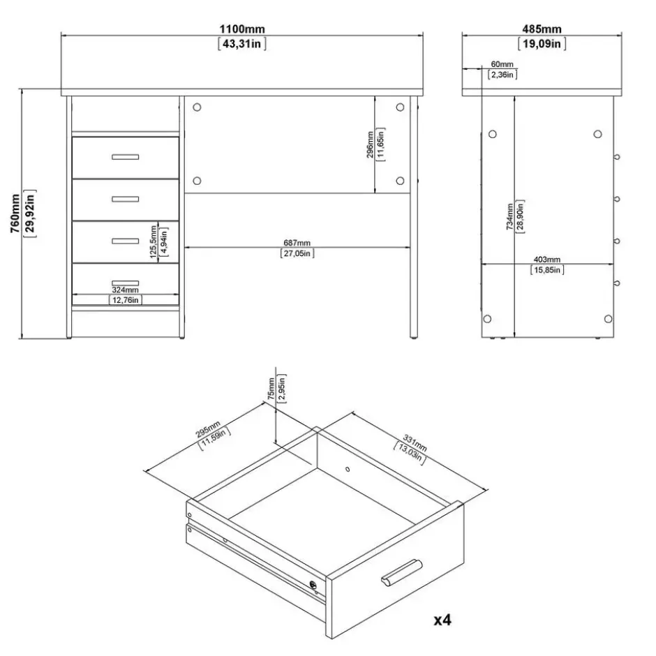 Bureau Wit - 110x75x50cm - Function Plus