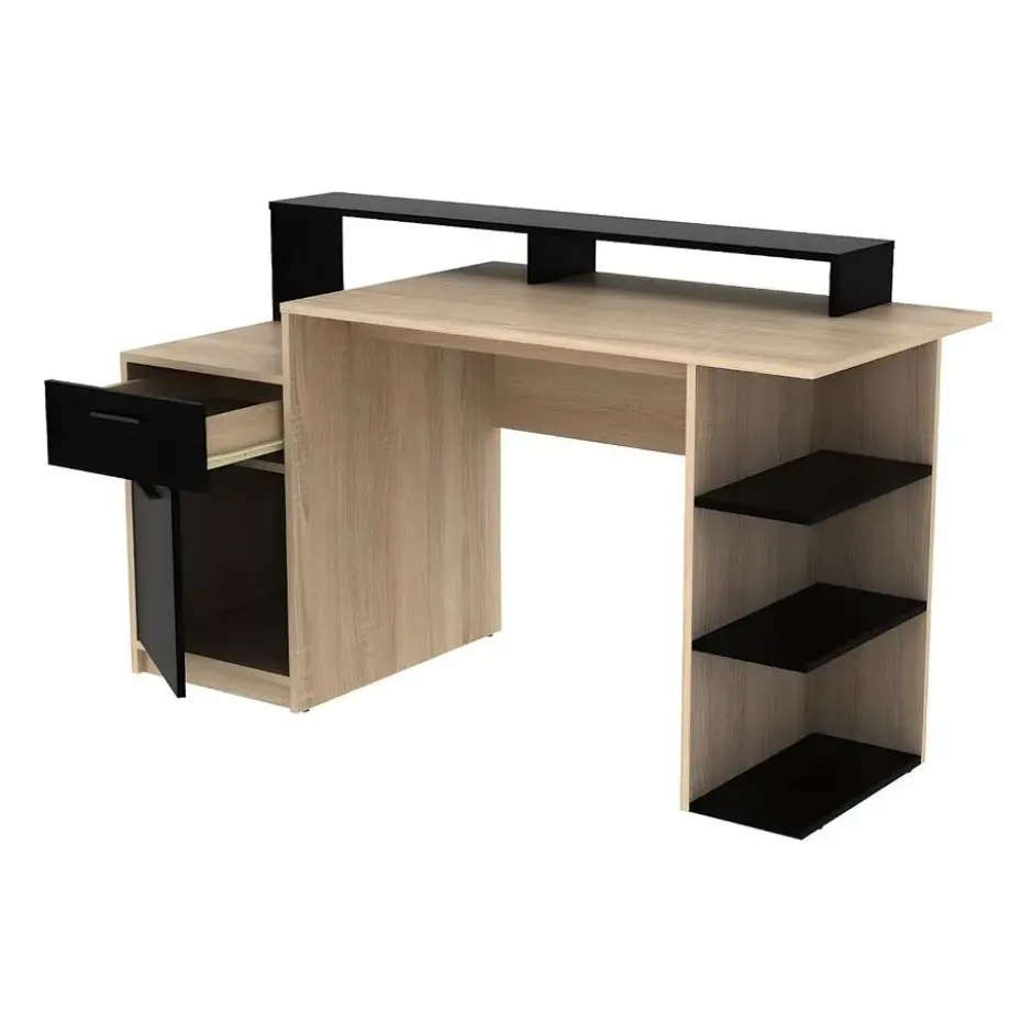 Bureau ZACHARIE - 138 cmx60 cmx82.5 cm - Zwart Natuurlijk licht Hout paneel
