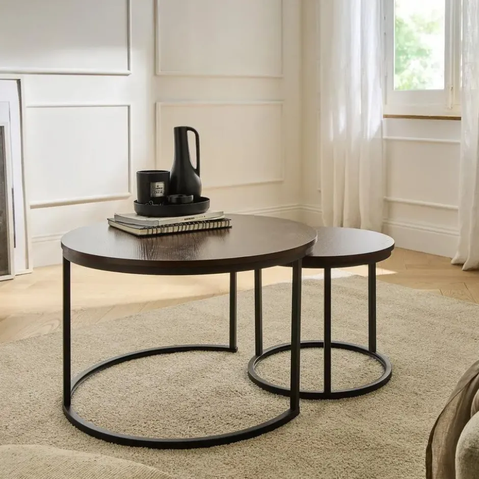 Calicosy - LENNY Set van 2 ronde salontafels - Eiken - 70x70x45,5 cm