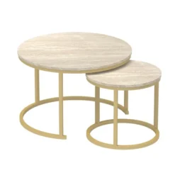 Calicosy - LENNY Set van 2 ronde salontafels - Eiken - 70x70x45,5 cm