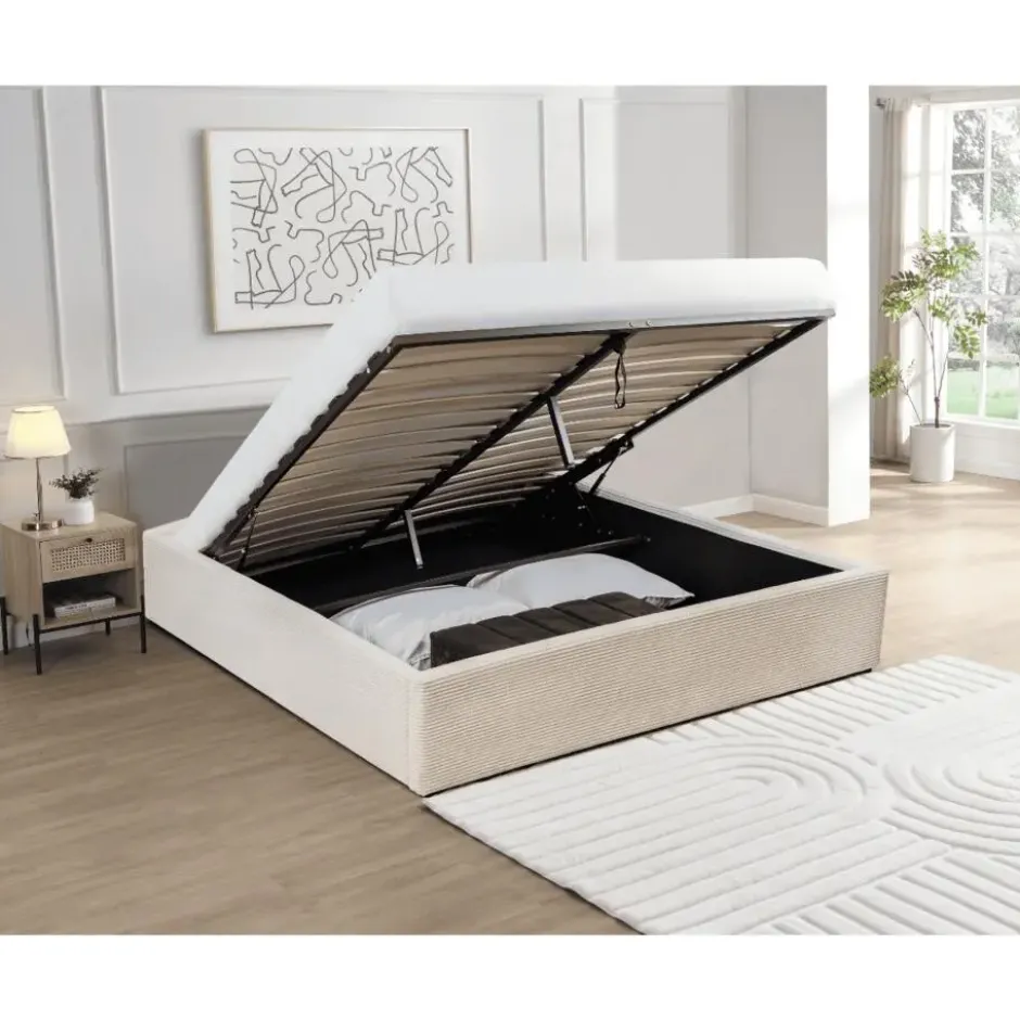 CALICOSY - Opbergbed bekleed met fluweel ROMY - Beige - 170x214x36,5 cm