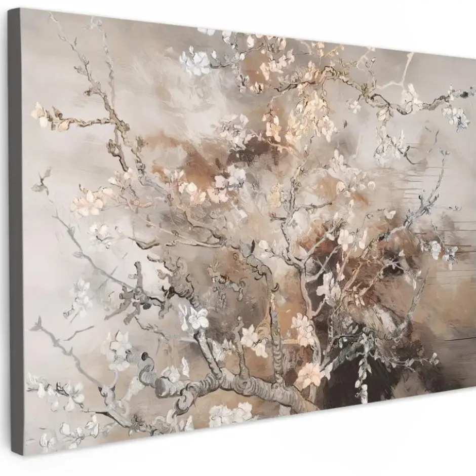 Canvas Schilderij 90x60 cm Amandelbloesem - Kunst - Van Gogh - Beige - Abstract