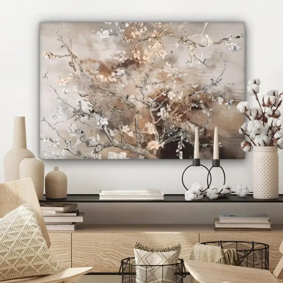 Canvas Schilderij 90x60 cm Amandelbloesem - Kunst - Van Gogh - Beige - Abstract