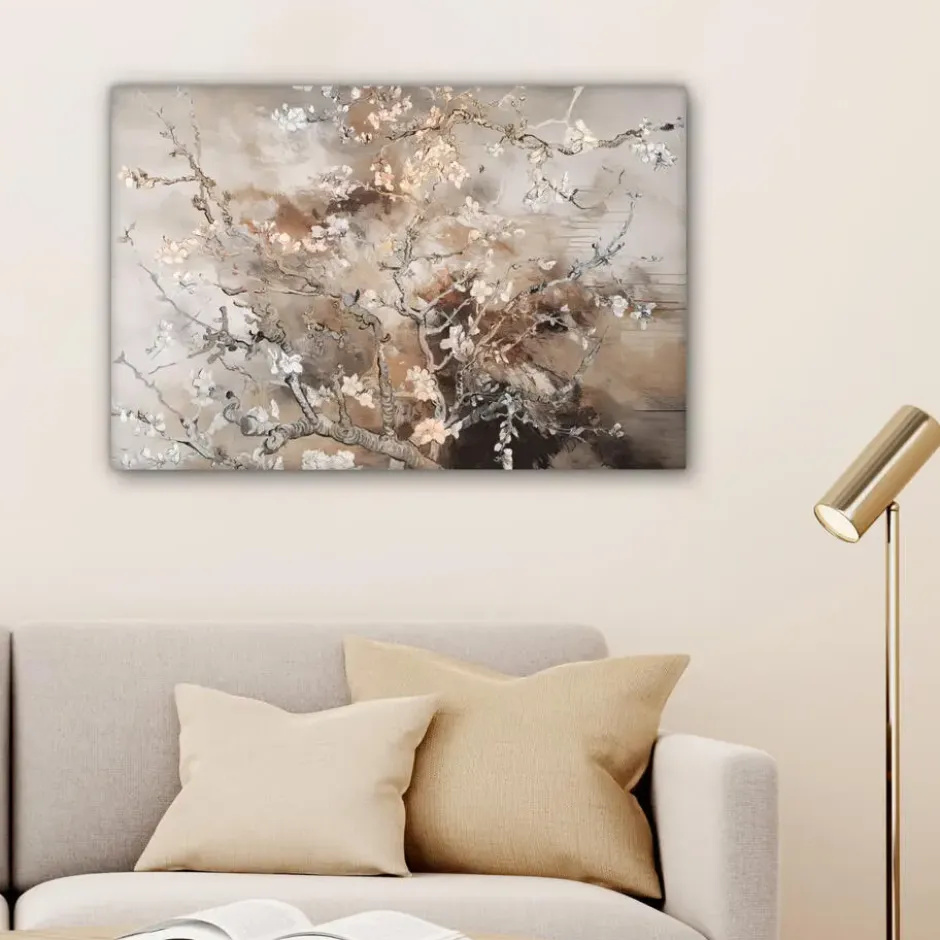 Canvas Schilderij 90x60 cm Amandelbloesem - Kunst - Van Gogh - Beige - Abstract