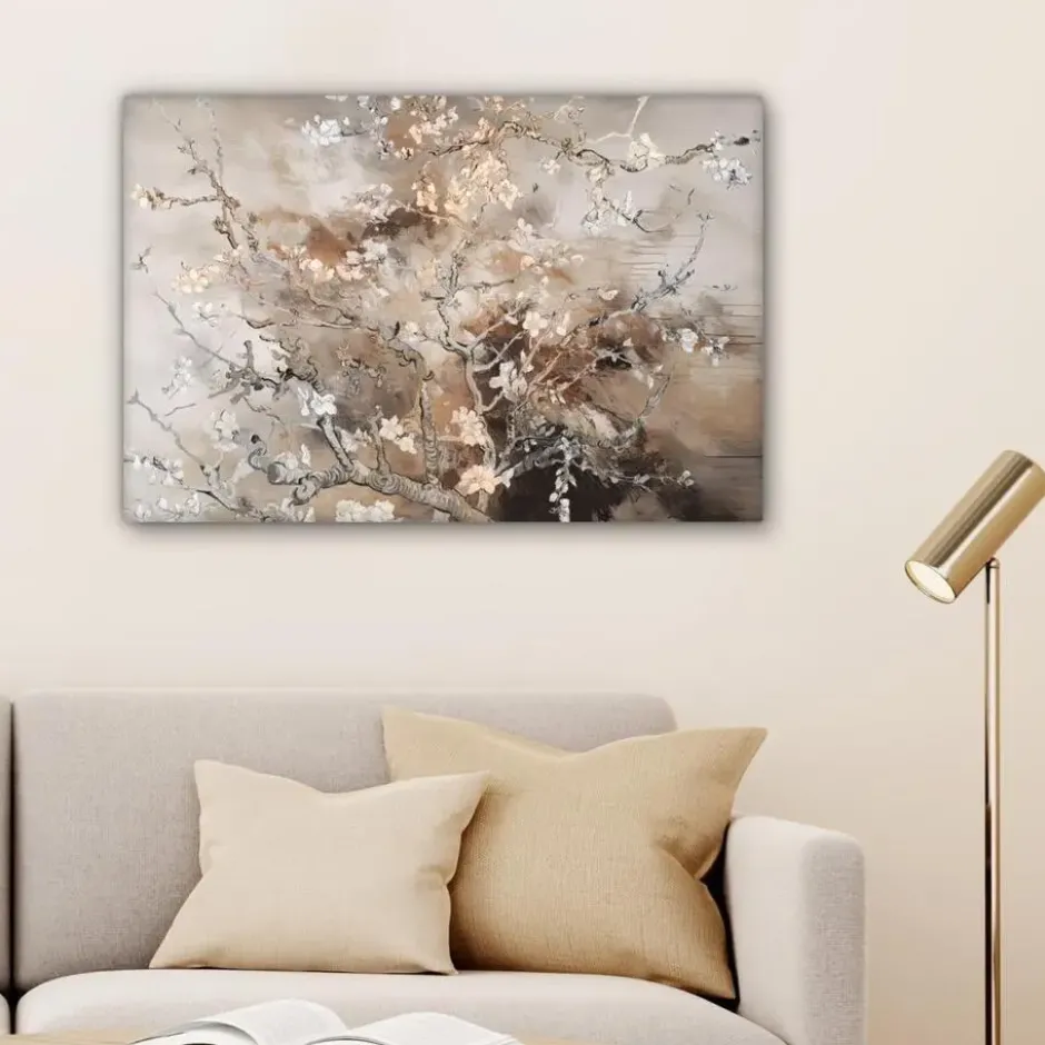 Canvas Schilderij 90x60 cm Amandelbloesem - Kunst - Van Gogh - Beige - Abstract