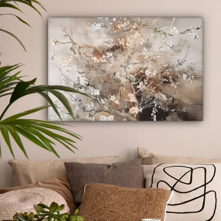 Canvas Schilderij 90x60 cm Amandelbloesem - Kunst - Van Gogh - Beige - Abstract