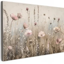 Canvas Schilderij 90x60 cm Bloemen - Roze - Modern - Beige