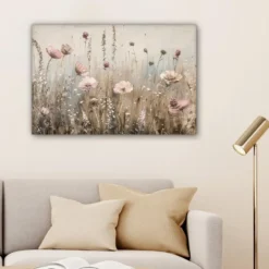 Canvas Schilderij 90x60 cm Bloemen - Roze - Modern - Beige