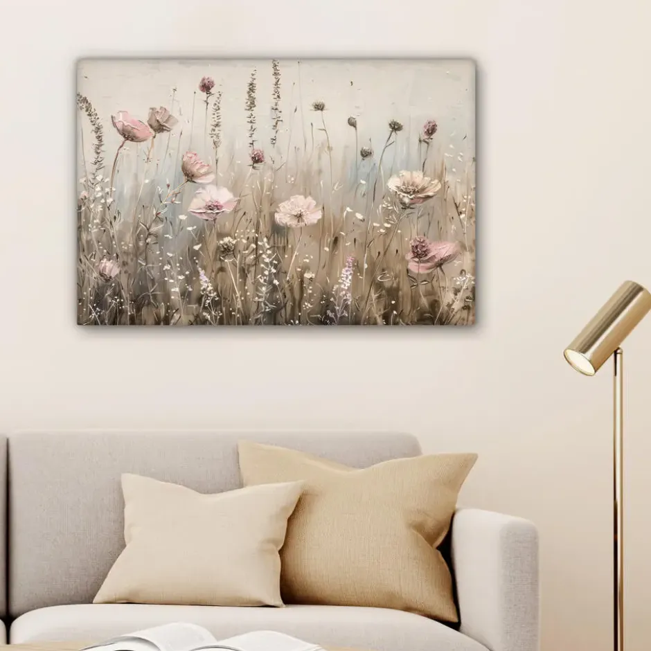 Canvas Schilderij 90x60 cm Bloemen - Roze - Modern - Beige