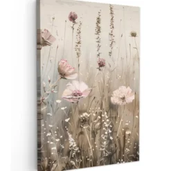 Canvas Schilderij 80x120 cm Bloemen - Roze - Modern - Beige