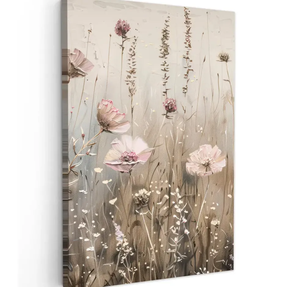Canvas Schilderij 80x120 cm Bloemen - Roze - Modern - Beige