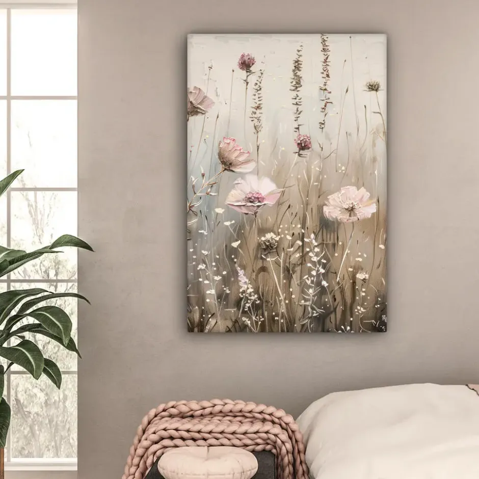 Canvas Schilderij 80x120 cm Bloemen - Roze - Modern - Beige