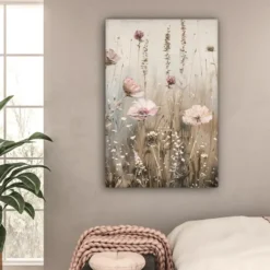 Canvas Schilderij 80x120 cm Bloemen - Roze - Modern - Beige