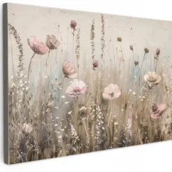 Canvas Schilderij 60x40 cm Bloemen - Roze - Modern - Beige