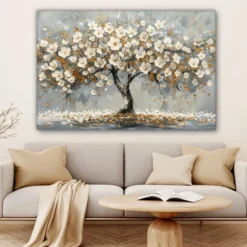 Canvas Schilderij 120x80 cm Boom - Bloemen - Wit - Natuur - Kunst