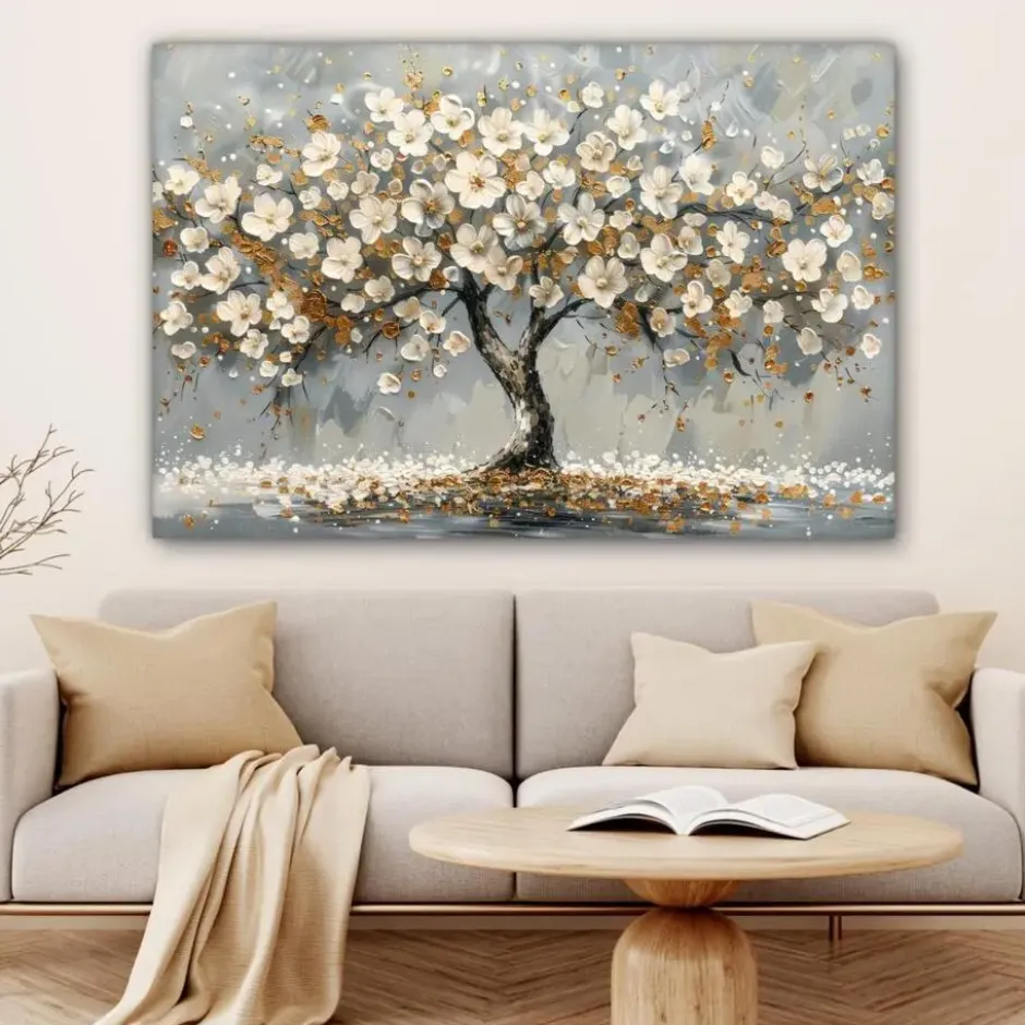 Canvas Schilderij 120x80 cm Boom - Bloemen - Wit - Natuur - Kunst