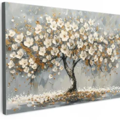 Canvas Schilderij 90x60 cm Boom - Bloemen - Wit - Natuur - Kunst