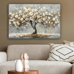 Canvas Schilderij 90x60 cm Boom - Bloemen - Wit - Natuur - Kunst