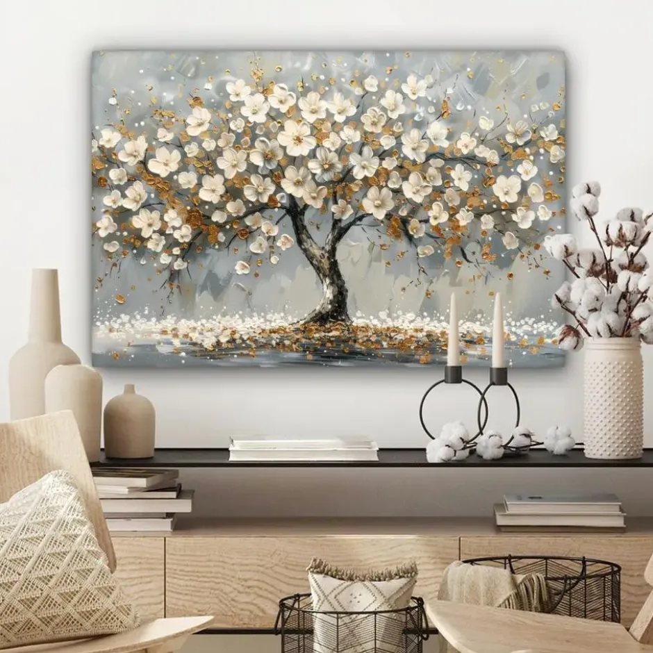 Canvas Schilderij 90x60 cm Boom - Bloemen - Wit - Natuur - Kunst