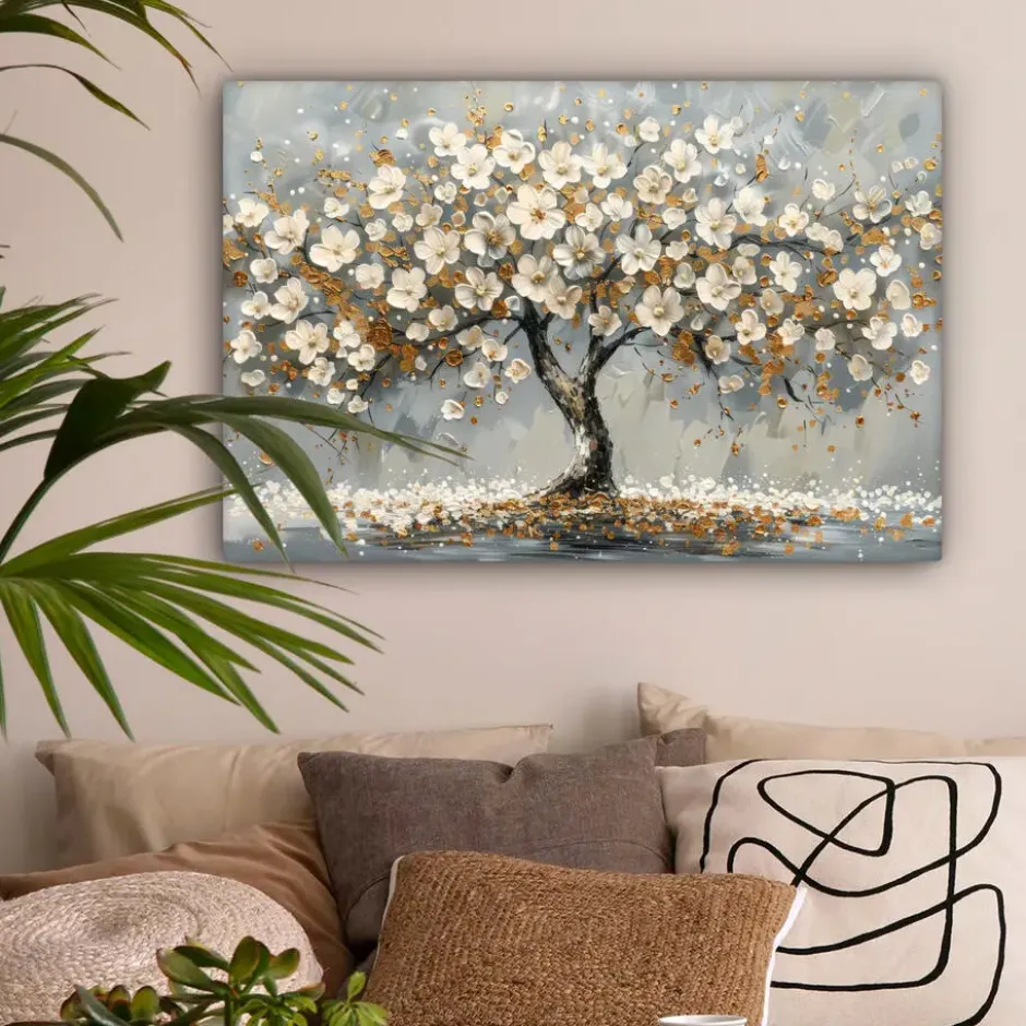 Canvas Schilderij 90x60 cm Boom - Bloemen - Wit - Natuur - Kunst