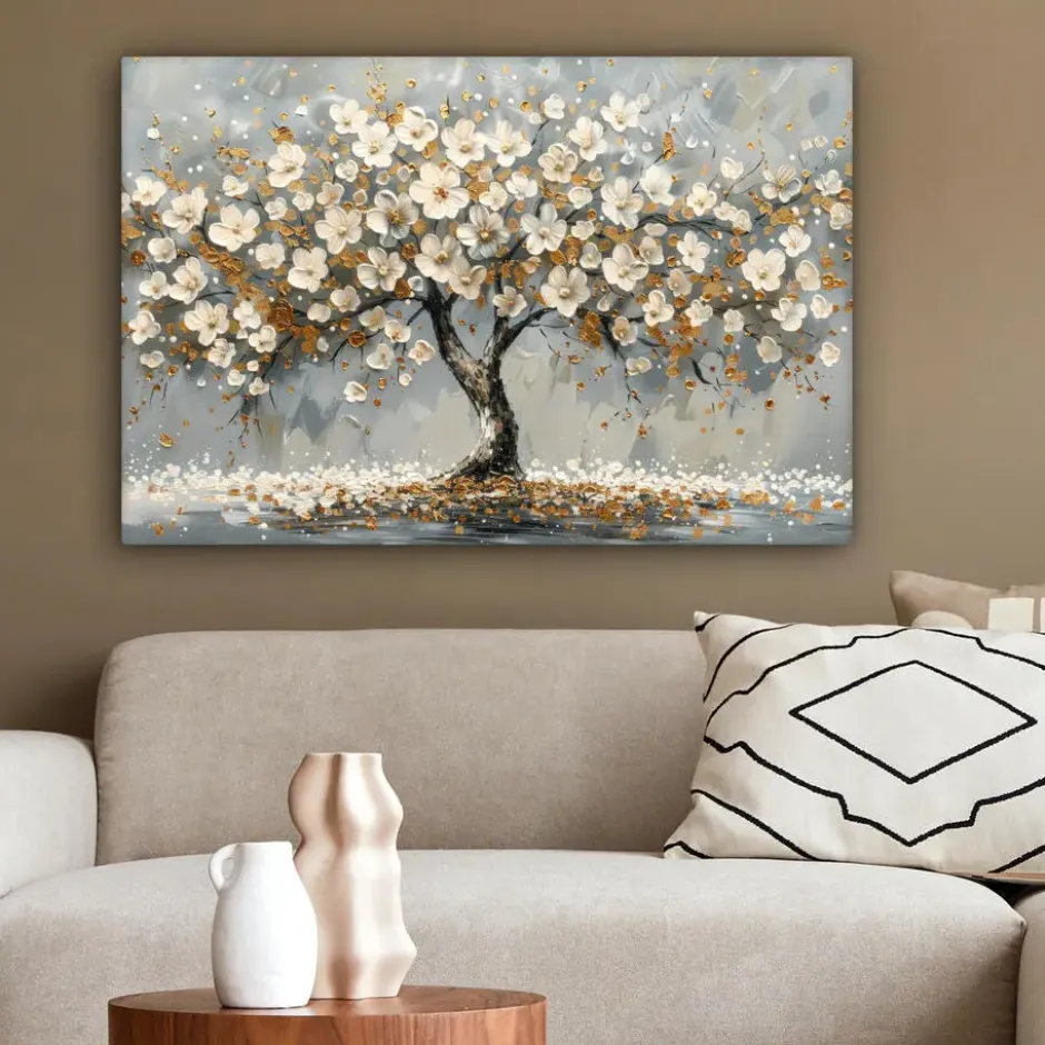 Canvas Schilderij 90x60 cm Boom - Bloemen - Wit - Natuur - Kunst