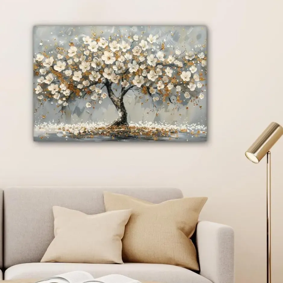 Canvas Schilderij 90x60 cm Boom - Bloemen - Wit - Natuur - Kunst