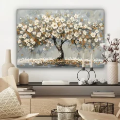 Canvas Schilderij 60x40 cm Boom - Bloemen - Wit - Natuur - Kunst