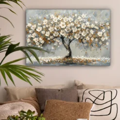 Canvas Schilderij 60x40 cm Boom - Bloemen - Wit - Natuur - Kunst