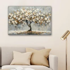 Canvas Schilderij 60x40 cm Boom - Bloemen - Wit - Natuur - Kunst