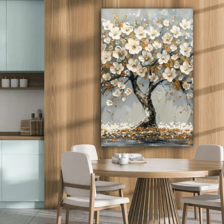 Canvas Schilderij 80x120 cm Boom - Bloemen - Wit - Natuur - Kunst