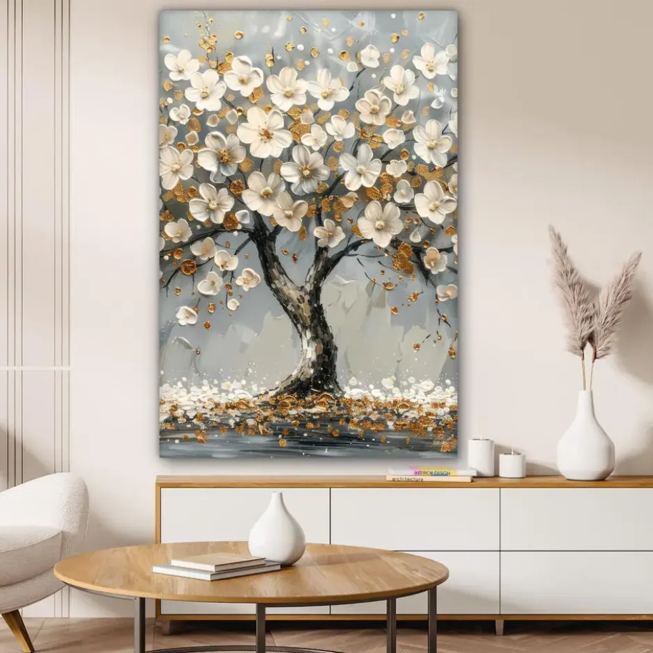 Canvas Schilderij 80x120 cm Boom - Bloemen - Wit - Natuur - Kunst