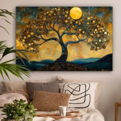 Canvas Schilderij 120x80 cm Boom - Maan - Bloemen - Goud - Kunst