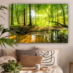 Canvas Schilderij 120x80 cm Bos - Landschap - Water - Bomen - Zon - Groen -