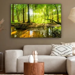 Canvas Schilderij 120x80 cm Bos - Landschap - Water - Bomen - Zon - Groen -
