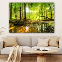 Canvas Schilderij 120x80 cm Bos - Landschap - Water - Bomen - Zon - Groen -