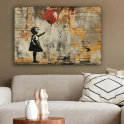 Canvas Schilderij 90x60 cm Graffiti - Banksy - Meisje - Street art