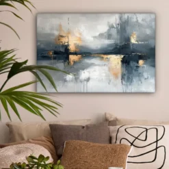 Canvas Schilderij 90x60 cm Kunst - Grijs - Goud - Abstract