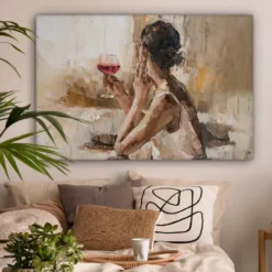 Canvas Schilderij 120x80 cm Olieverf - Vrouw - Wijn