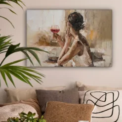 Canvas Schilderij 90x60 cm Olieverf - Vrouw - Wijn