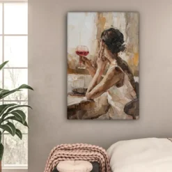 Canvas Schilderij 80x120 cm Olieverf - Vrouw - Wijn
