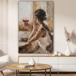 Canvas Schilderij 80x120 cm Olieverf - Vrouw - Wijn