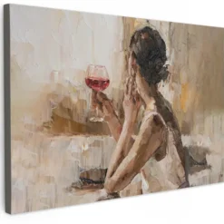 Canvas Schilderij 60x40 cm Olieverf - Vrouw - Wijn