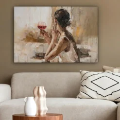 Canvas Schilderij 60x40 cm Olieverf - Vrouw - Wijn