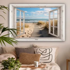 Canvas Schilderij 120x80 cm Raam - Zee - Kust - Natuur - Doorkijk - Strand -