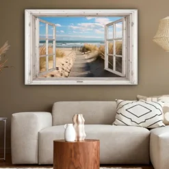 Canvas Schilderij 120x80 cm Raam - Zee - Kust - Natuur - Doorkijk - Strand -