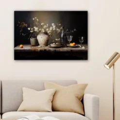 Canvas Schilderij 90x60 cm Stilleven - Bloemen - Boeket - Vaas - Wijn