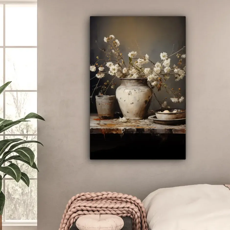 Canvas Schilderij 80x120 cm Stilleven - Bloemen - Boeket - Vaas - Wijn