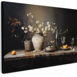 Canvas Schilderij 120x80 cm Stilleven - Bloemen - Boeket - Vaas - Wijn