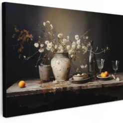 Canvas Schilderij 60x40 cm Stilleven - Bloemen - Boeket - Vaas - Wijn